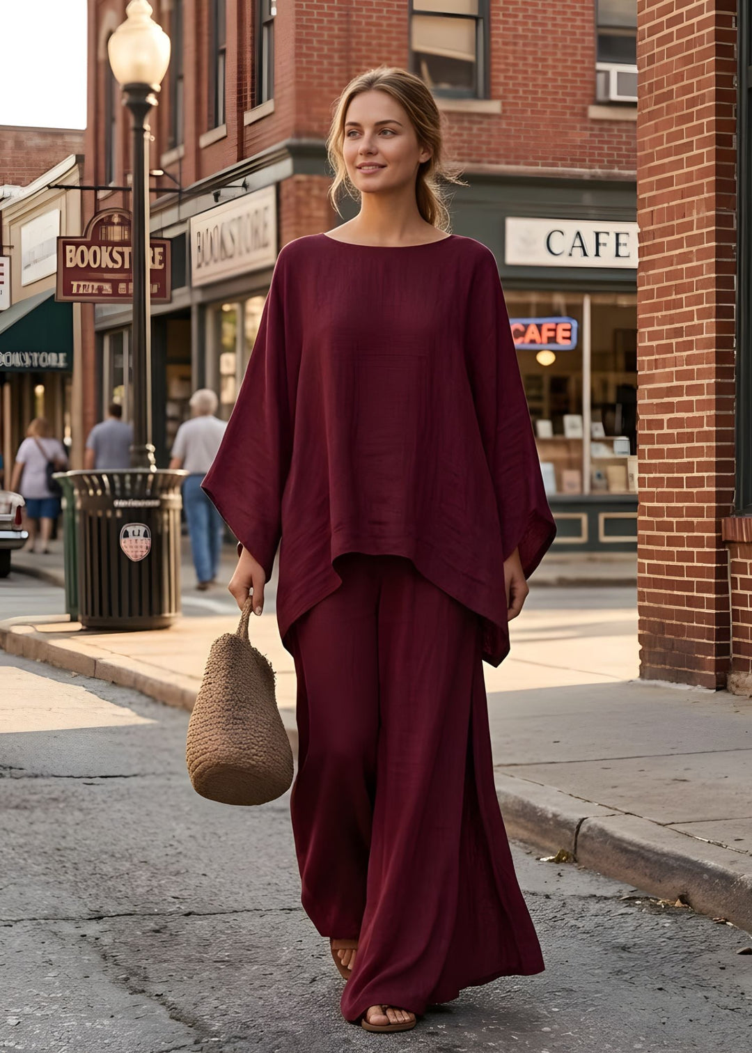 Women's elegant lounge wear set: a comfortable, flowing cape top paired with fashionable wide-leg pants.