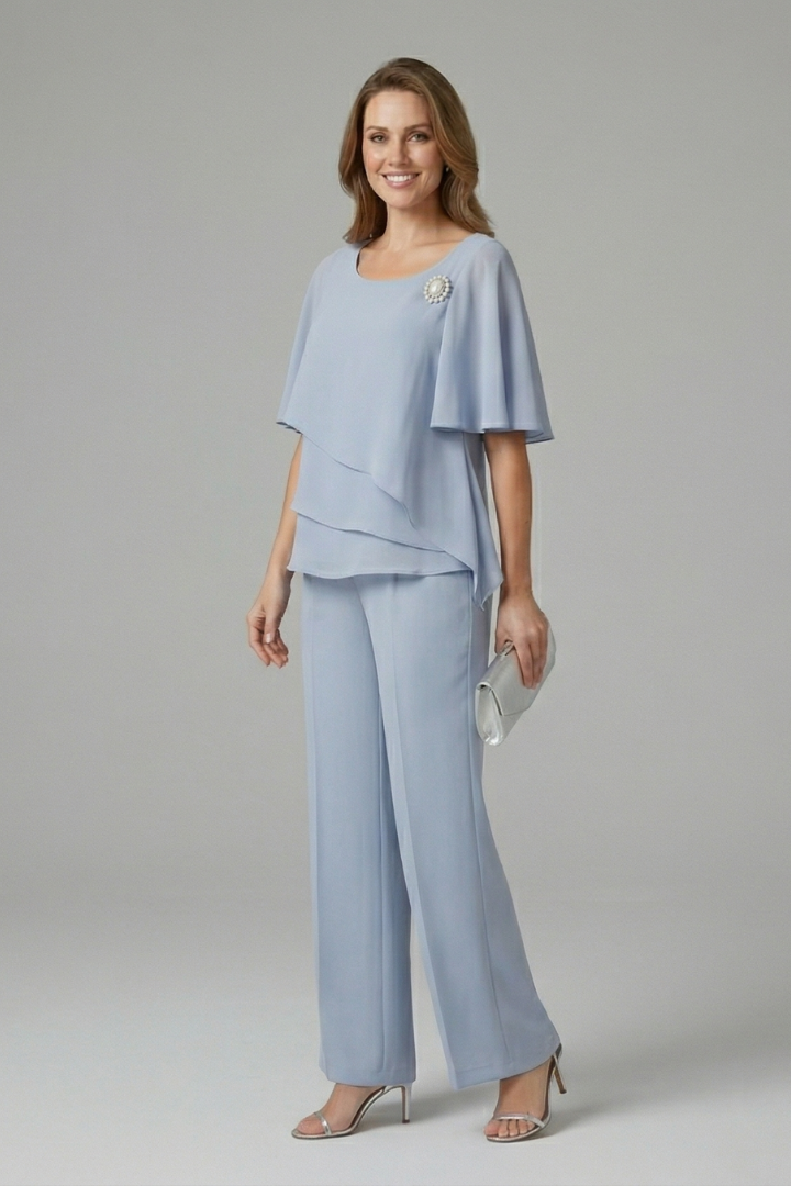 Comfortable women's two-piece set featuring an elegant layered top and straight leg pants, ideal for casual summer.