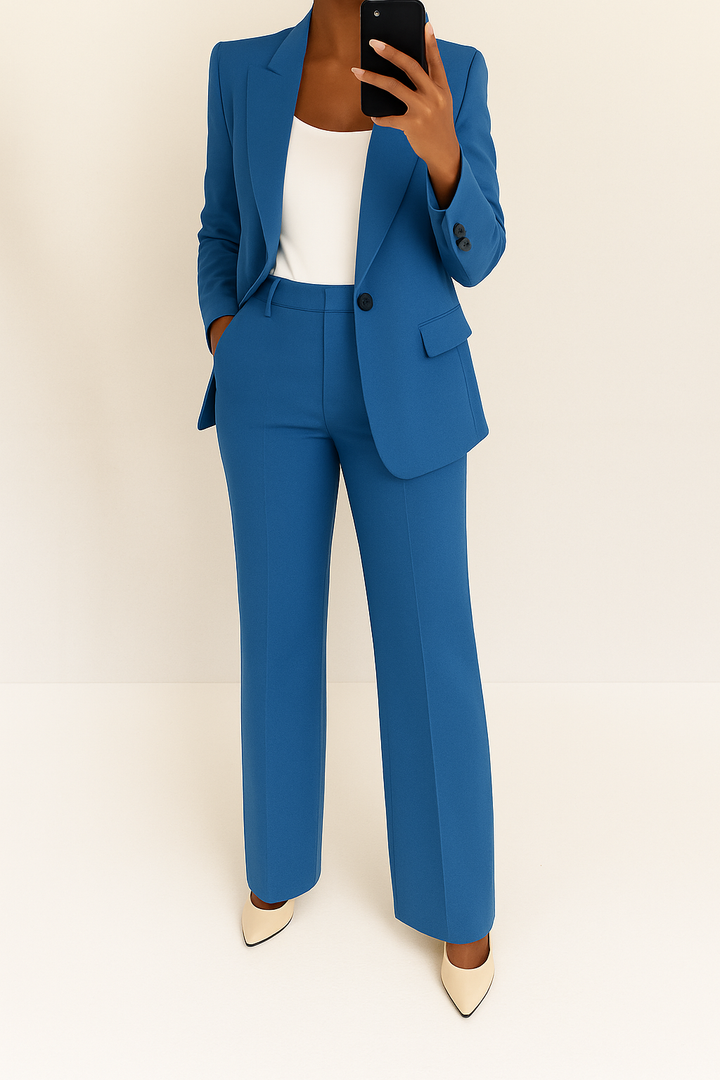 Elegant women's two-piece suit set with a stylish blazer and matching trousers, perfect for formal wear.