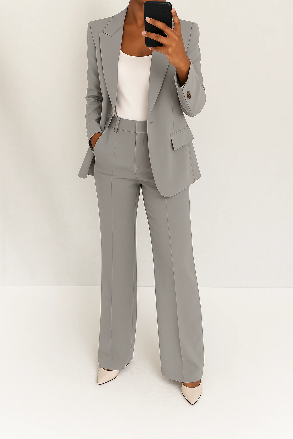 Professional women's business casual suit set; includes a tailored blazer and classic trousers for office wear.