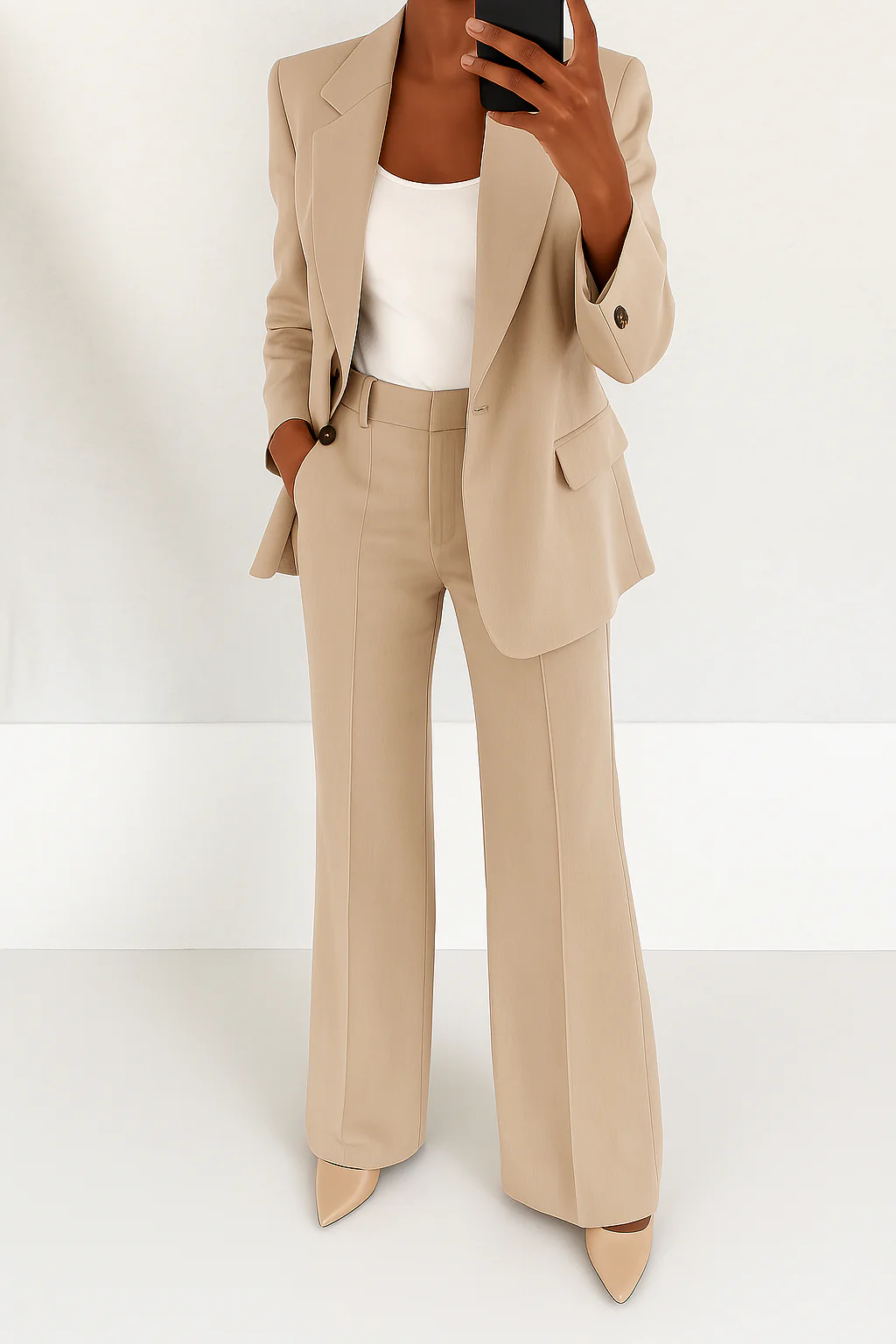 Stylish women's matching set with a sophisticated blazer and trousers for formal occasions.