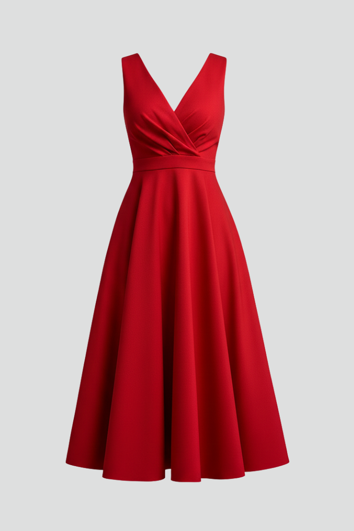 Elegant women's V-neck A-line midi dress. Chic sleeveless design, perfect for spring/summer occasions.