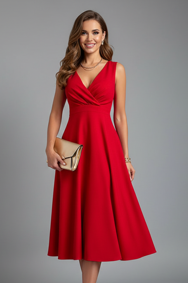 Stylish women's sleeveless V-neck A-line midi dress. Elegant and chic for various events & seasons.