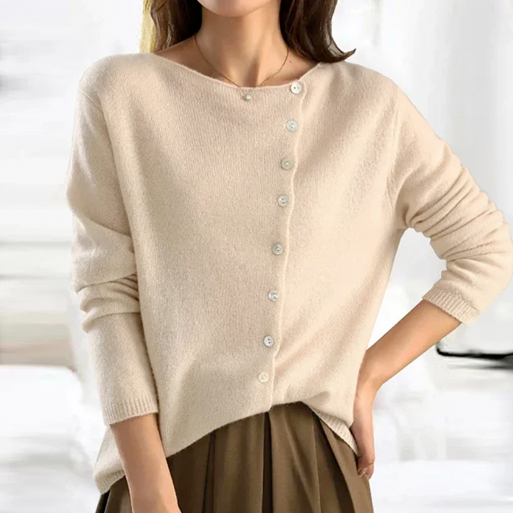 Comfortable women's button-front knit V-neck sweater, an elegant and versatile long sleeve wardrobe staple