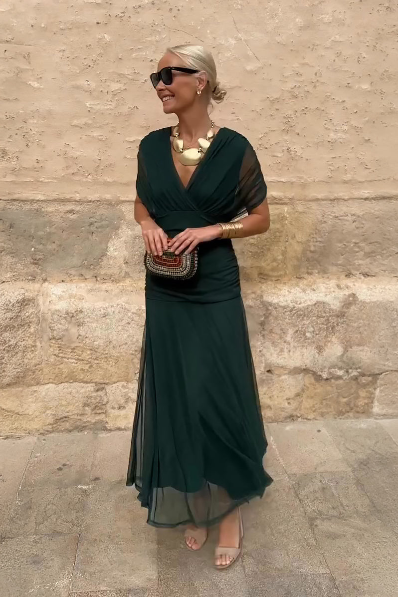 Elegant Women's V-Neck Maxi Wedding Guest Dress with flowing draped sleeves, perfect for formal events.