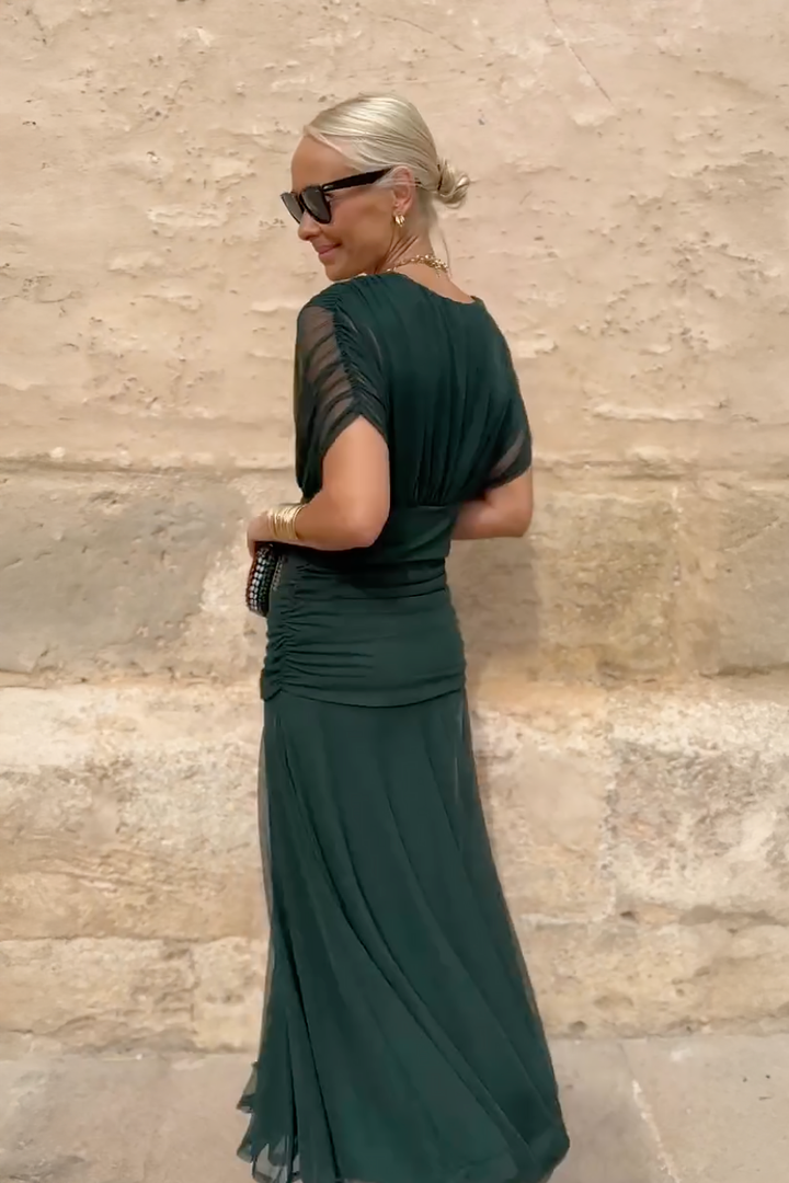 Stunning women's party dress: a V-neck maxi with elegant draped sleeves, ideal for wedding guests.