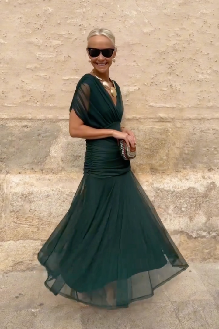 Women's elegant V-neck formal maxi dress with stylish draped sleeves, perfect for weddings or parties.