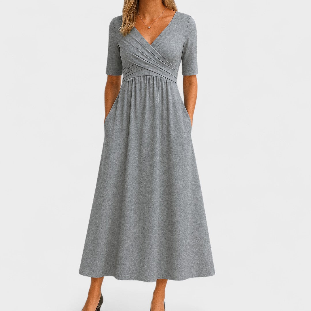 Elegant women's V-neck midi dress, perfect for cocktail parties and formal summer events.