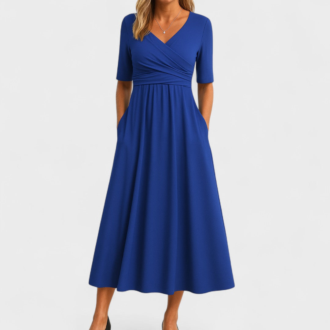 Women's elegant V-neck midi dress, a stylish choice for cocktail and formal events.