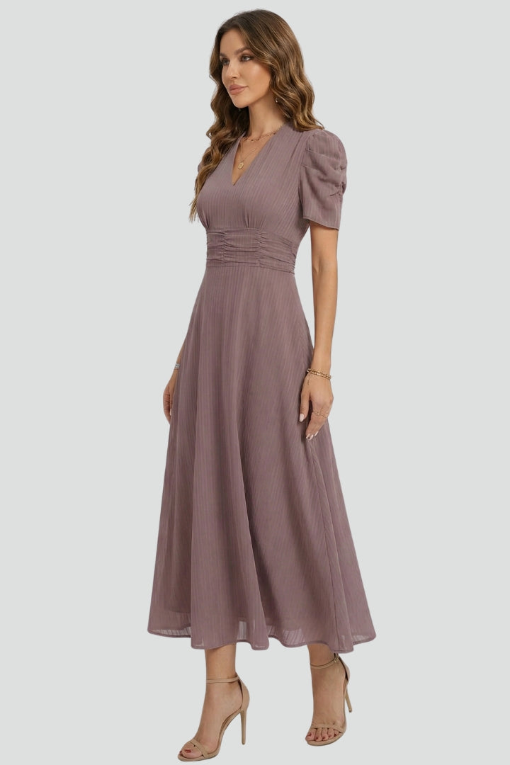 Versatile women's midi V-neck dress, short sleeves, elegant flowy design. Great for spring, summer, and all-season wear.