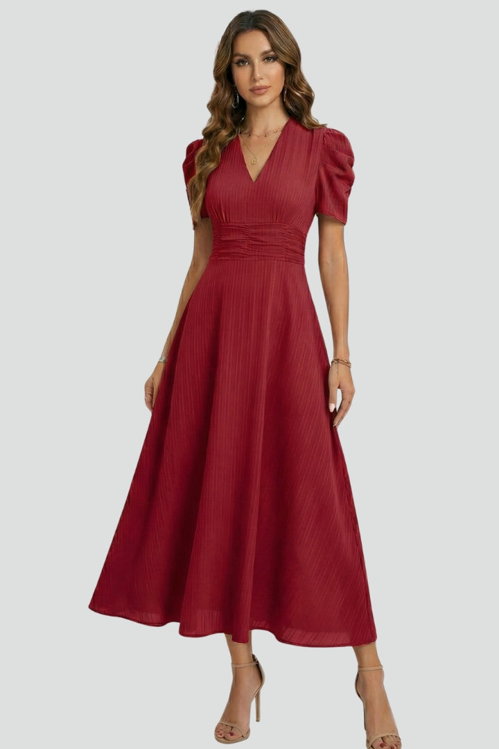 Comfortable elegant V-neck midi dress for women, short sleeves & a flattering ruched waist for a casual chic look.