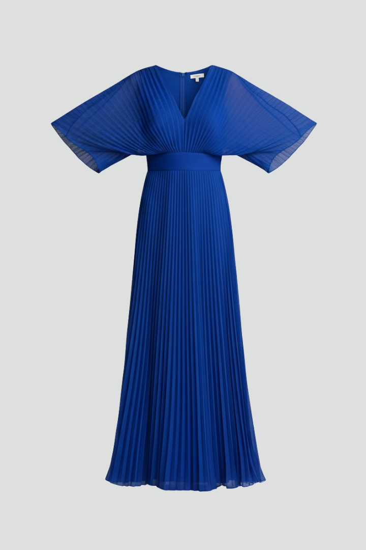 Elegant women's V-neck pleated maxi dress with long sleeves, ideal for evening wear.