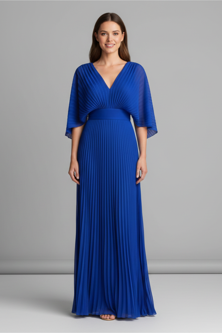 Flowy women's V-neck maxi dress with elegant pleats and long sleeves, comfortable for all day.