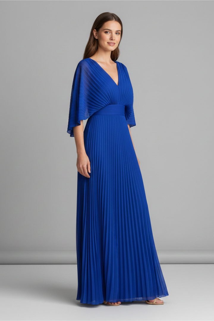 Sophisticated V-neck pleated maxi dress for women, featuring elegant long sleeves and design.