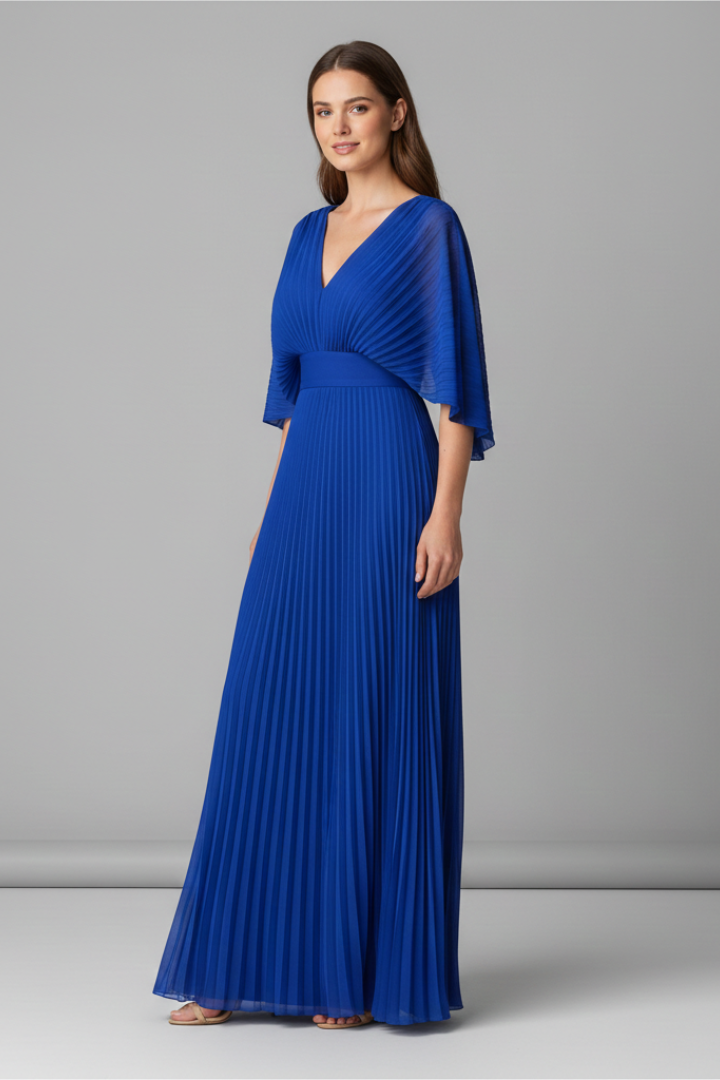 Versatile women's V-neck long sleeve maxi dress with elegant pleats, suitable for occasions.