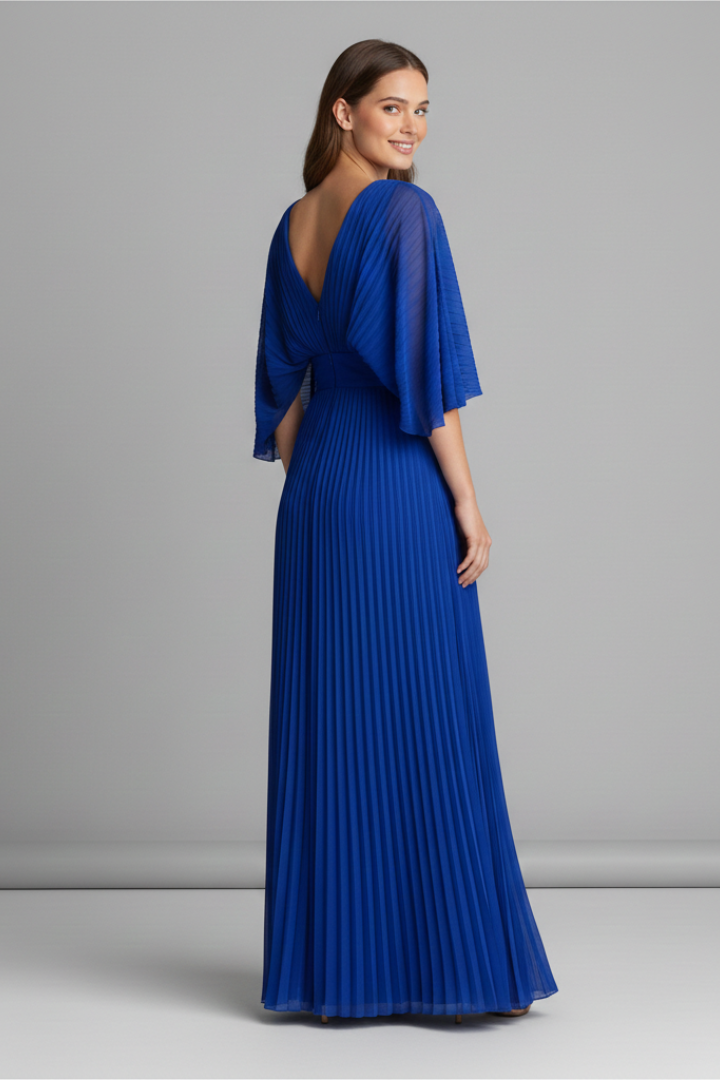 Women's elegant V-neck pleated maxi dress, showcasing graceful pleats and stylish long sleeves.
