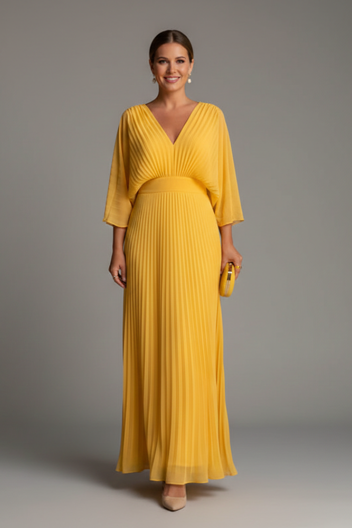 Modest yet elegant women's V-neck maxi dress with long sleeves and beautiful pleats for any event.