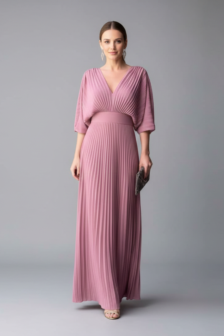 Graceful women's long sleeve V-neck maxi dress with elegant pleats, offering a sophisticated look.