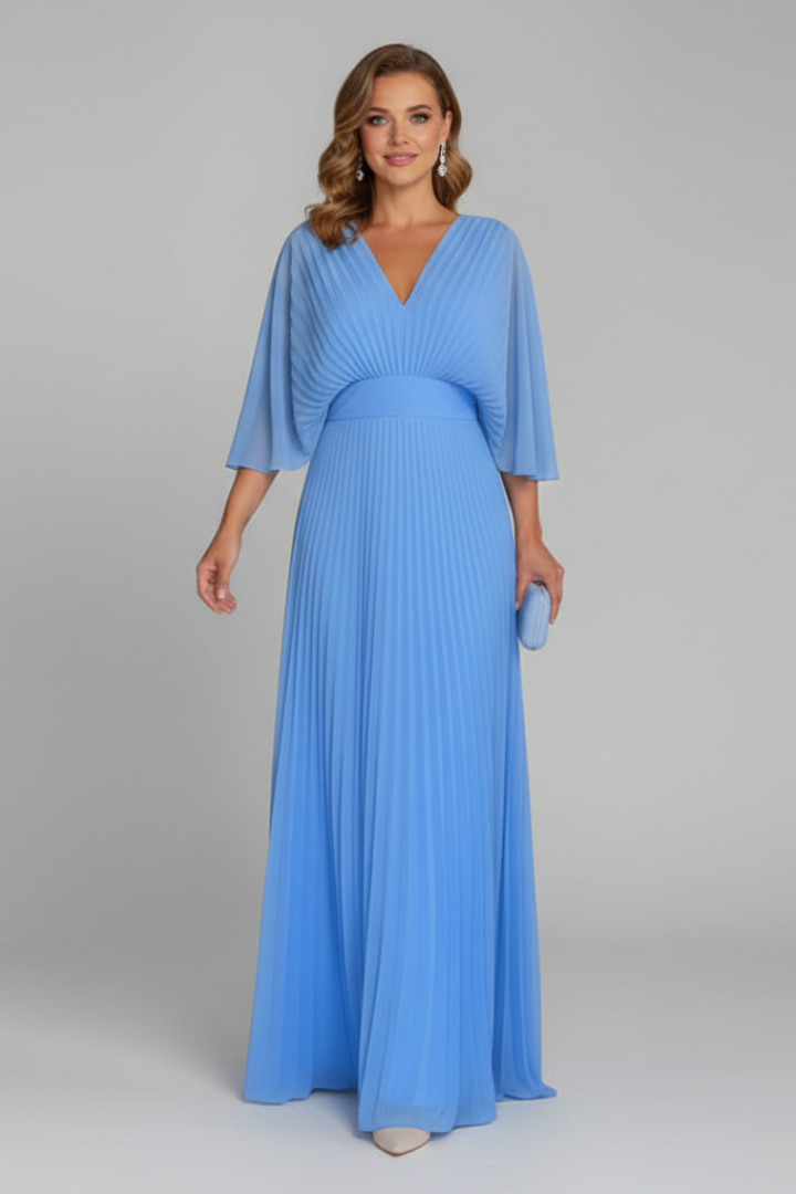 Stunning evening V-neck pleated maxi dress for women, with elegant long sleeves and flowy fabric.