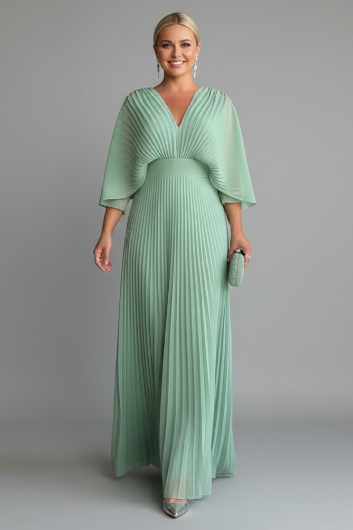 Women's elegant V-neck pleated maxi dress, long sleeve, sophisticated and comfortable occasionwear.