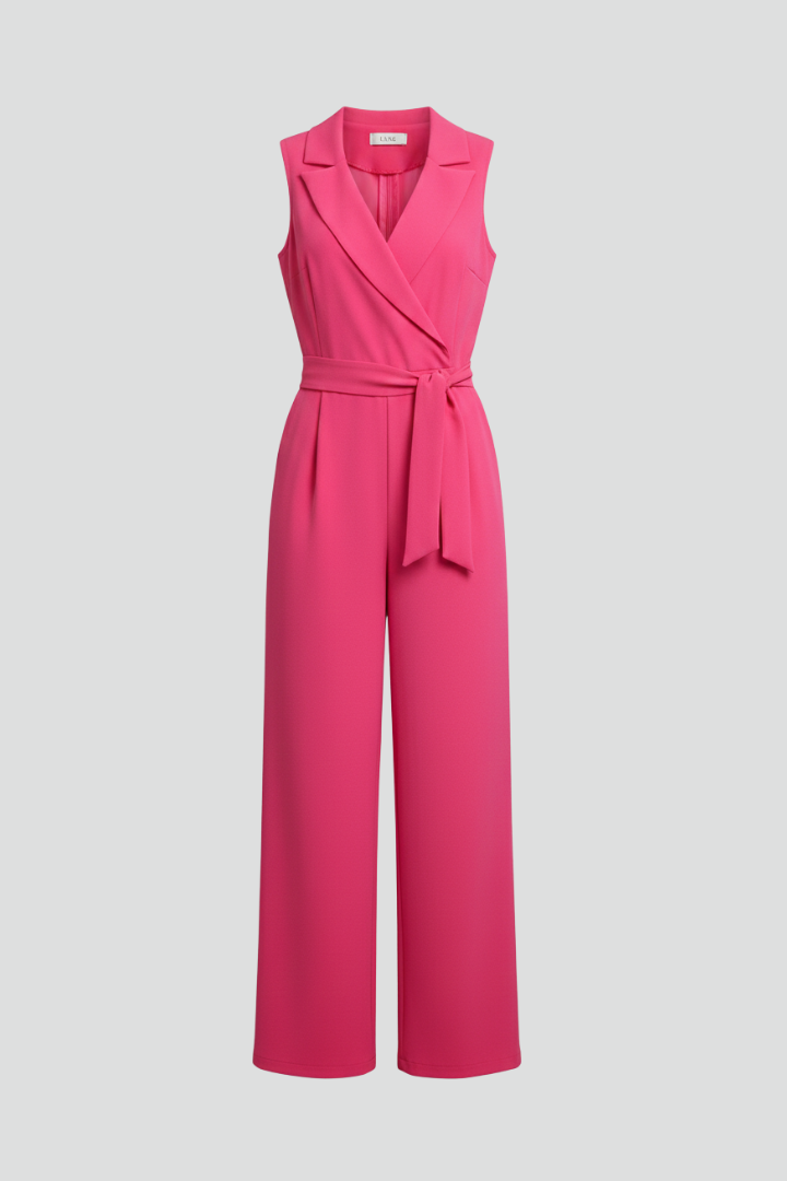 Elegant women's V-neck sleeveless jumpsuit with chic tie waist. Perfect for summer fashion and casual wear.