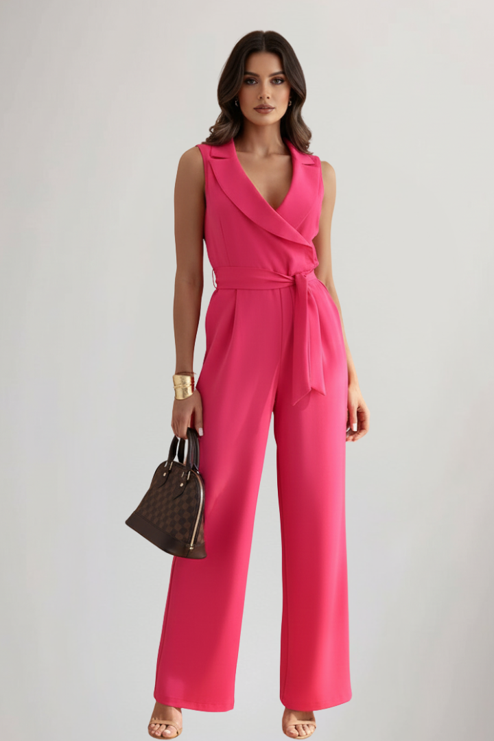 Black V-neck sleeveless wide-leg jumpsuit for women, featuring a stylish tie waist. Chic & comfortable summer outfit.
