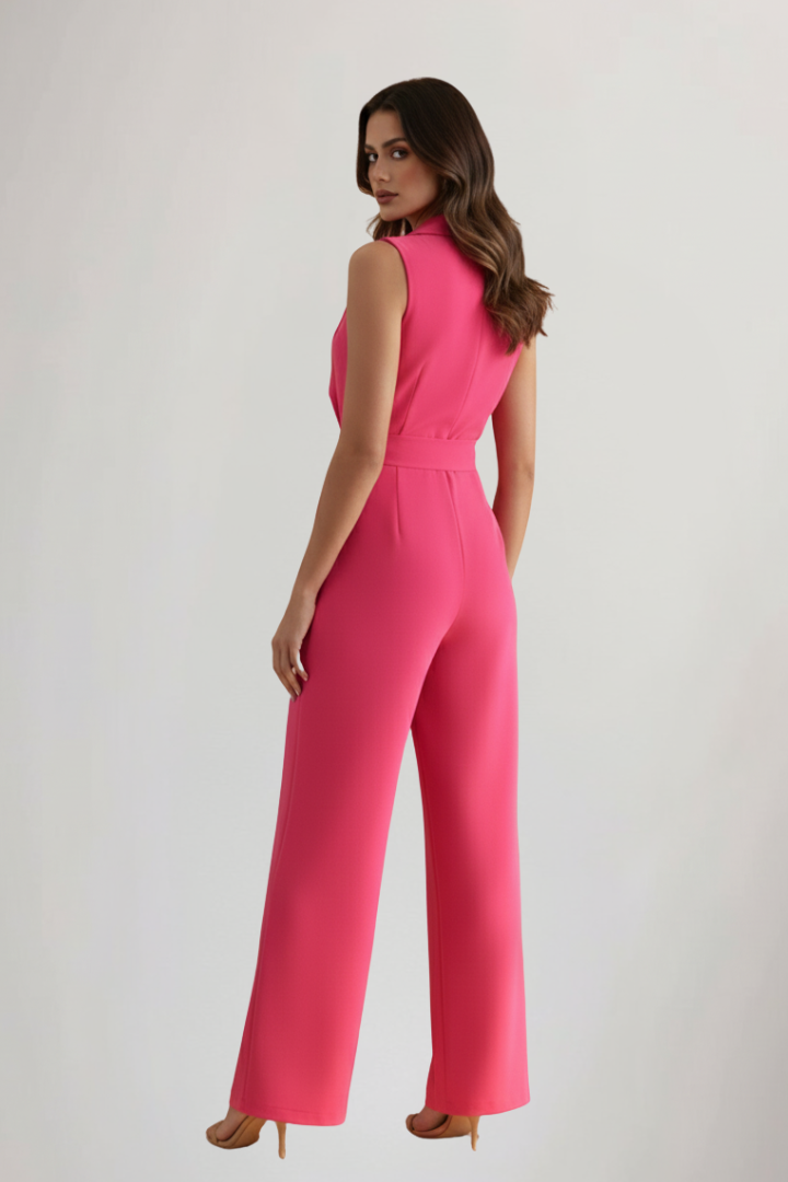 Pink women's V-neck sleeveless jumpsuit with tie waist. Comfortable wide-leg design, ideal for summer fashion.