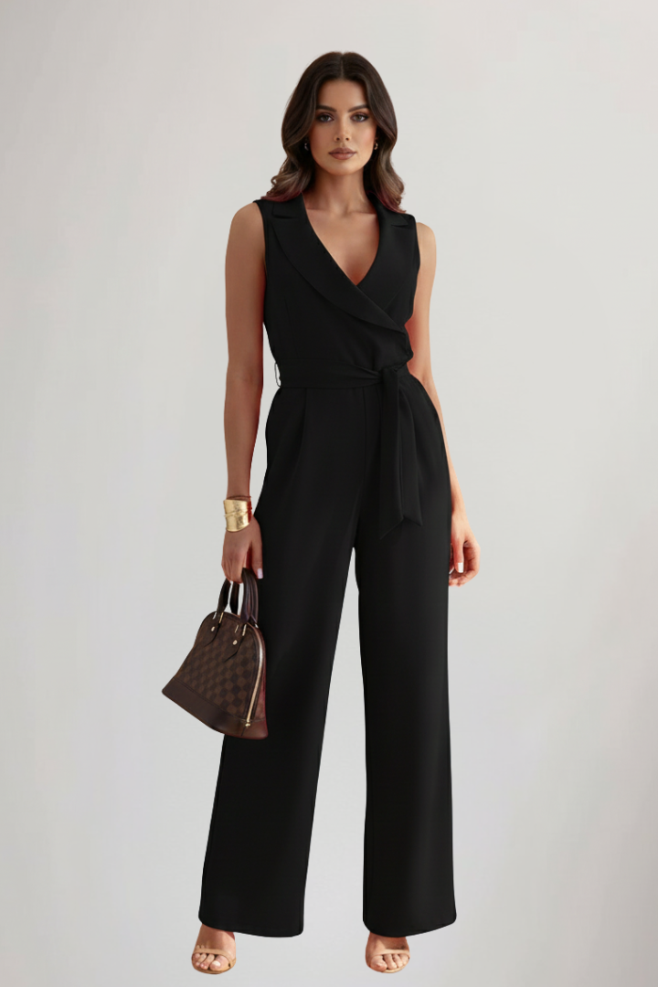 White elegant women's V-neck sleeveless jumpsuit with tie waist. Chic & stylish, perfect for summer occasions.