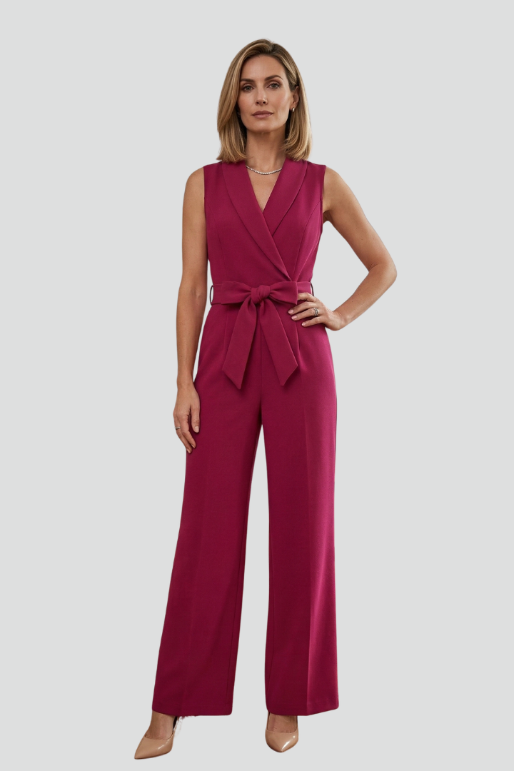 Close-up of comfortable women's V-neck sleeveless jumpsuit with tie waist. Soft fabric, perfect for casual summer wear.