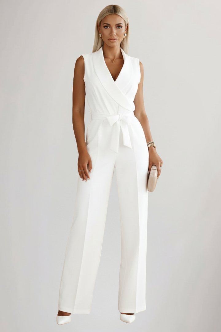 Chic women's V-neck sleeveless jumpsuit with a flattering tie waist. Elegant and comfortable for any summer occasion.