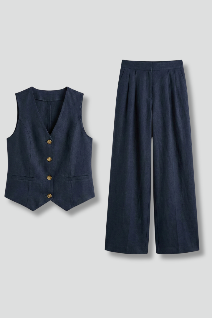 Elegant women's V-neck waistcoat & high-waist wide leg pants set, perfect for business casual or stylish outfits.