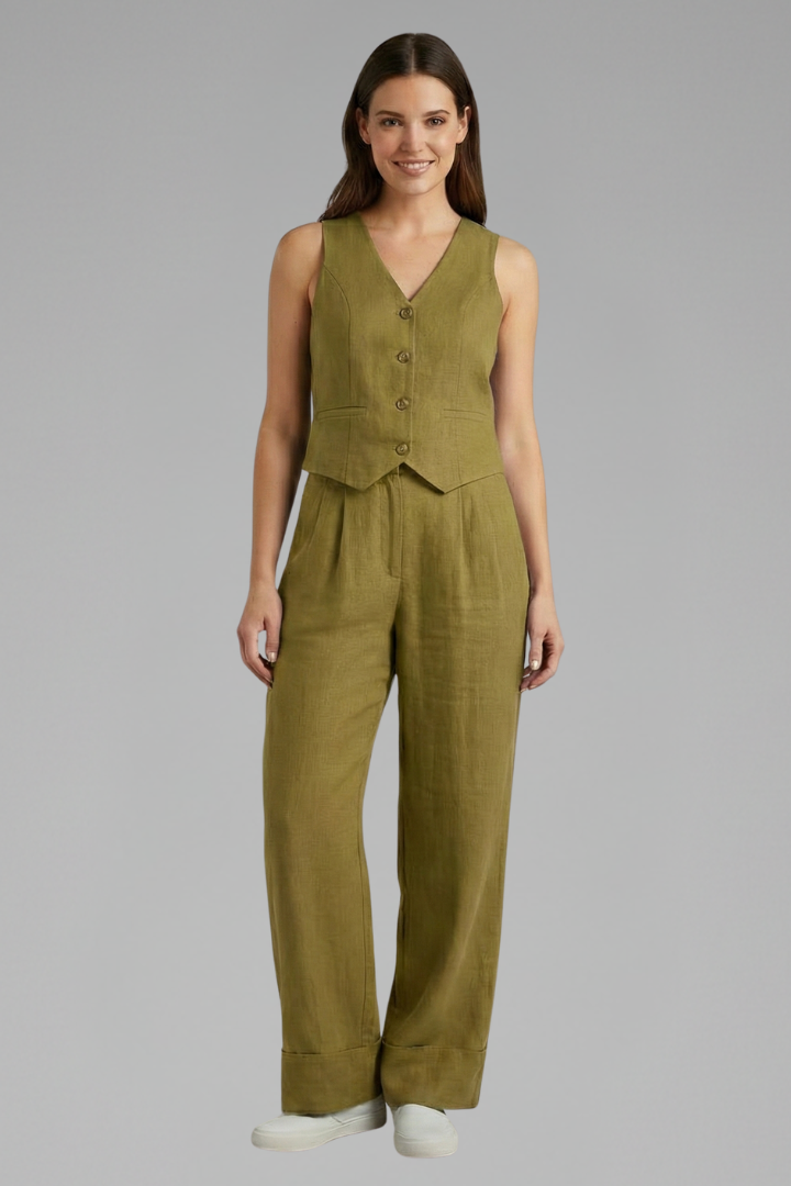 Women's elegant outfit: sleeveless V-neck waistcoat paired with comfortable high-waist wide leg pants set.