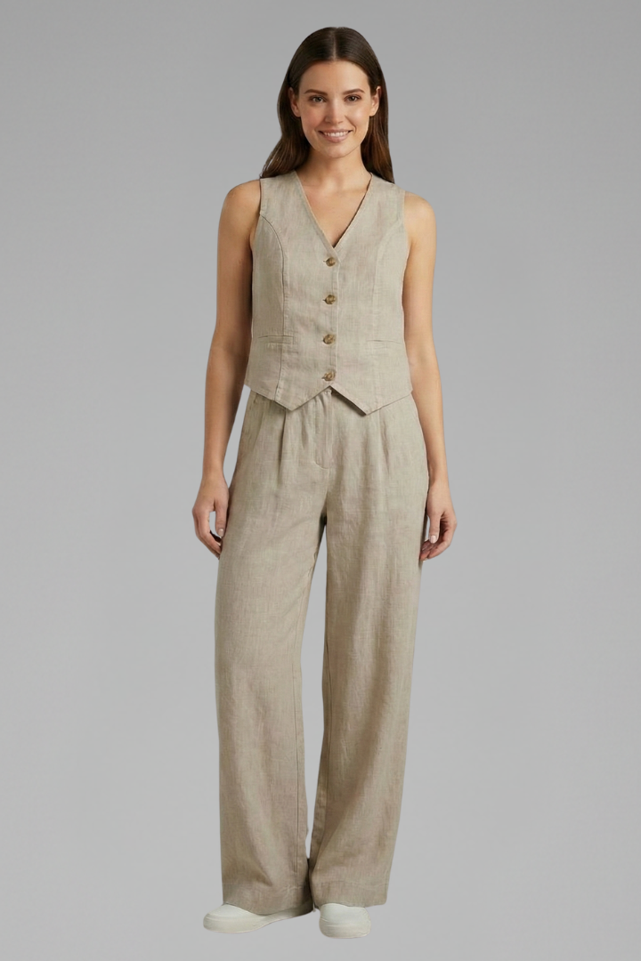 Modern women's two-piece set: elegant V-neck waistcoat and stylish wide leg pants, perfect for a chic ensemble.