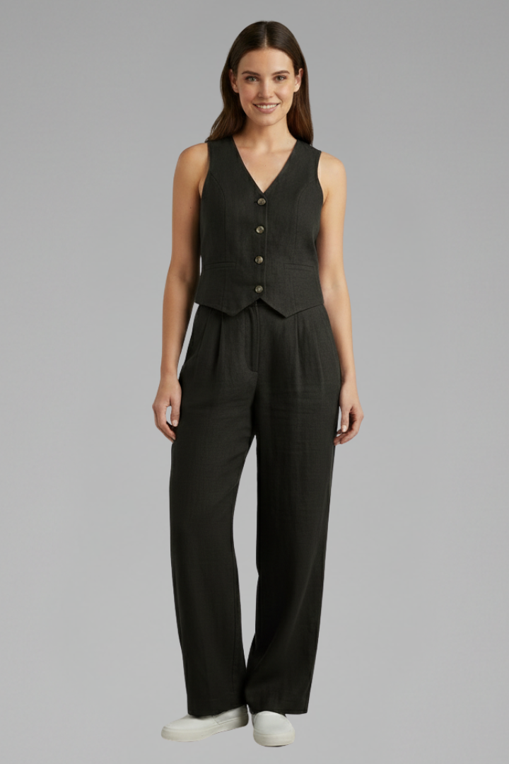 Women's elegant V-neck waistcoat and wide leg pants two-piece set, a high-waist, sleeveless stylish ensemble.