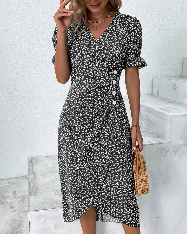 Elegant women's V-neck wrap midi dress with chic puff sleeves, perfect for versatile summer fashion.