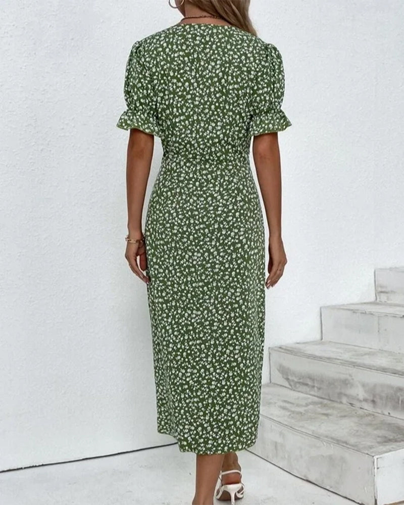 Women's chic V-neck midi dress with an elegant wrap front and stylish puff sleeves, a must-have.