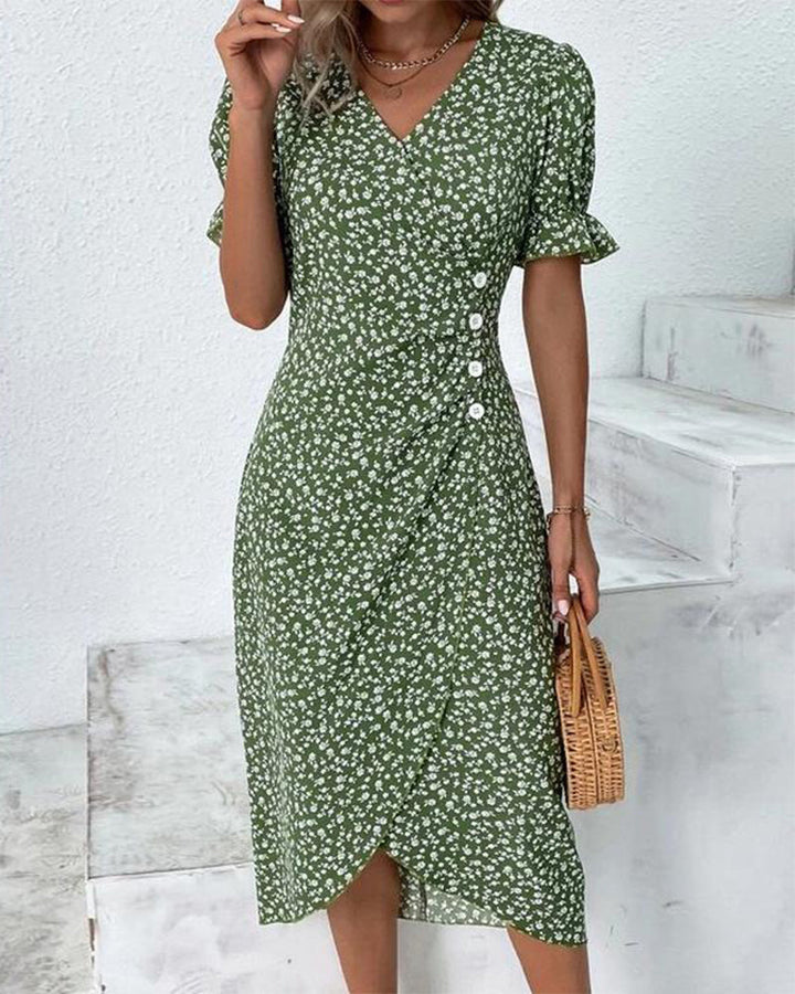 Stylish women's V-neck midi dress with wrap design and fashionable puff sleeves, ideal for parties.