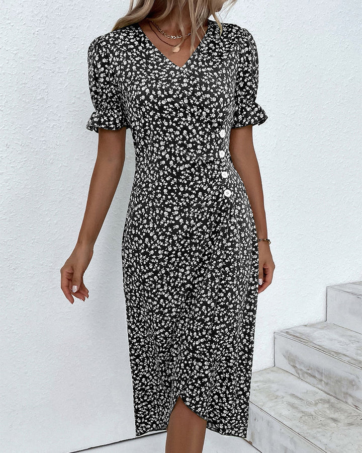 Graceful V-neck wrap midi dress for women, featuring elegant puff sleeves and a flowing silhouette.
