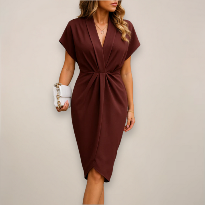 Flowy V-neck wrap midi dress for women, a perfect elegant casual summer attire.