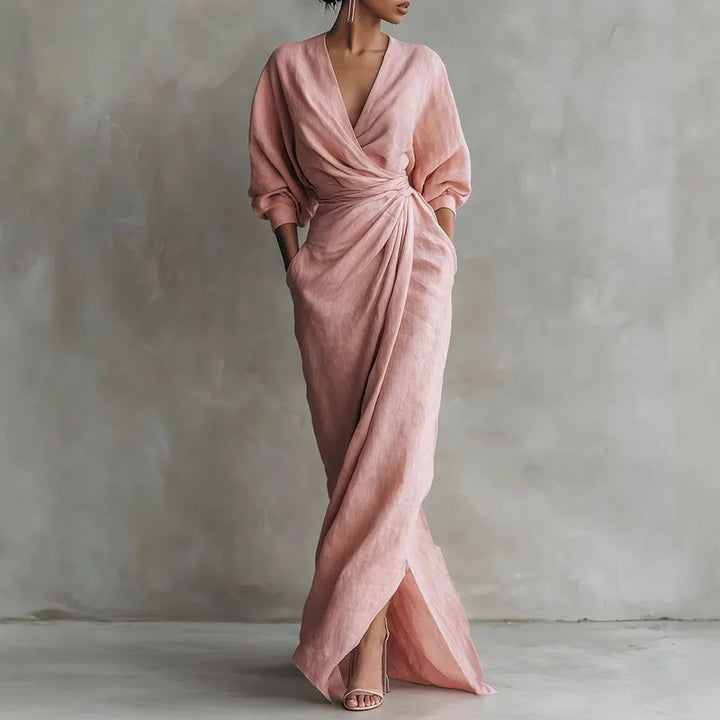 Elegant women's V-neck wrap waist long dress, perfect for formal events, evening wear, or parties.