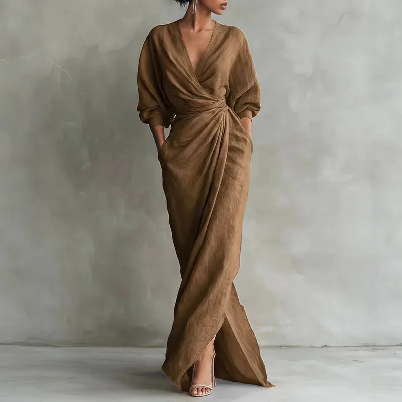 Brown women's V-neck wrap waist long dress, an elegant choice for evening parties and special occasions.