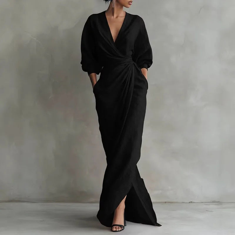 Women's elegant V-neck wrap waist long dress, featuring a flattering bodycon fit for formal or casual events.