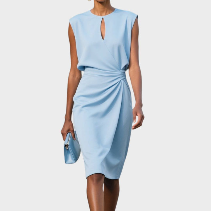 Elegant women's versatile knee-length dress with keyhole neckline, perfect for everyday or evening wear.