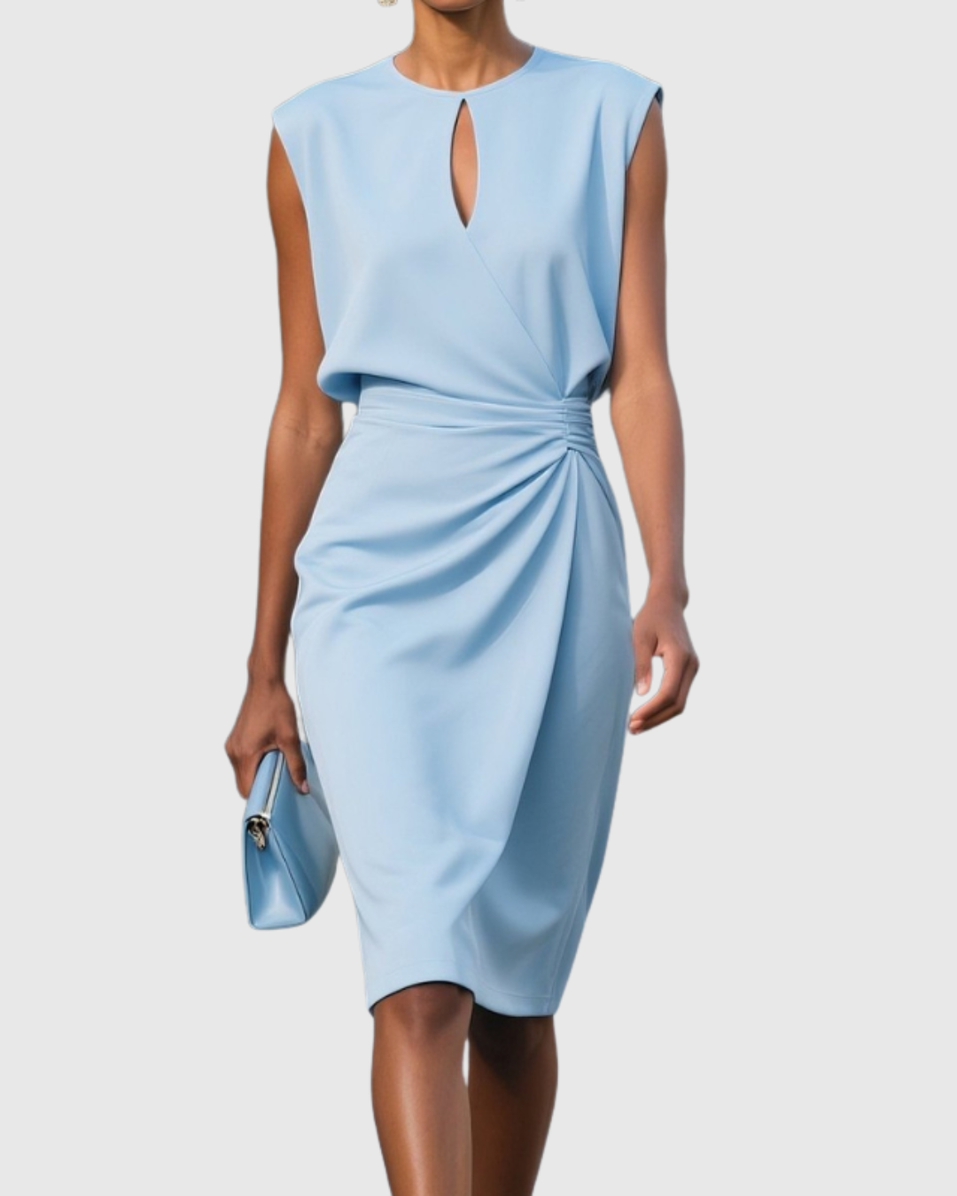 Comfortable sleeveless women's summer dress, knee-length, with flattering keyhole neckline for spring & casual.