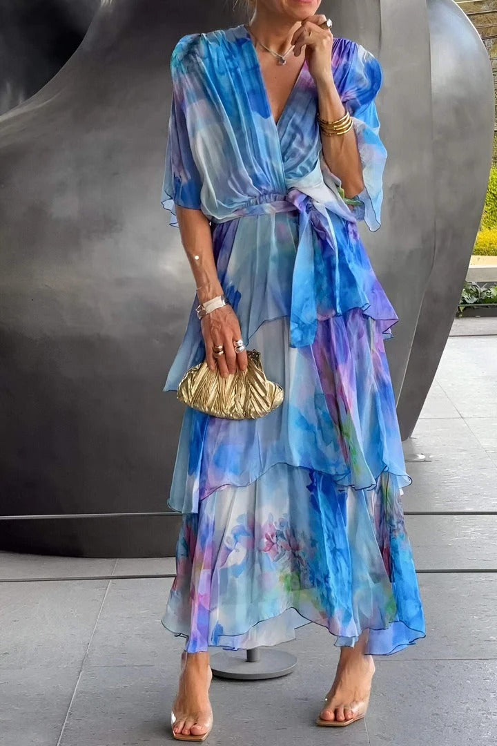 Flowy watercolor maxi dress for women, an elegant party & special occasion gown. Perfect long summer dress.