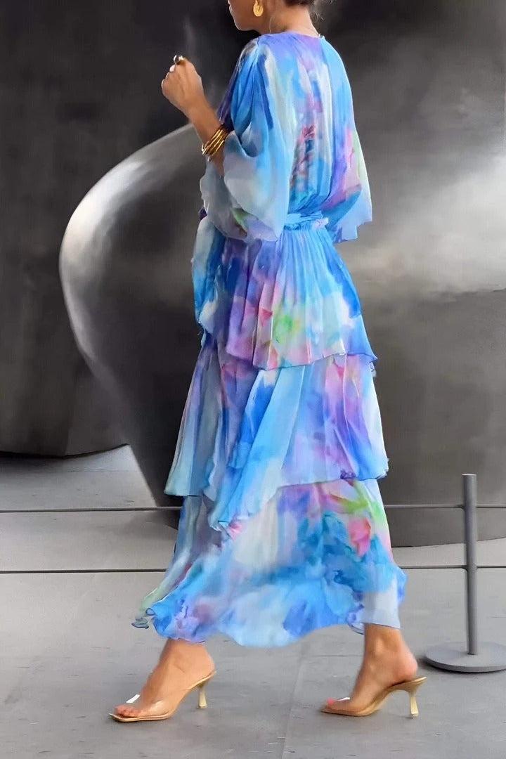Women's elegant flowy watercolor print maxi dress. Ideal long summer wrap dress for evening & special occasions.