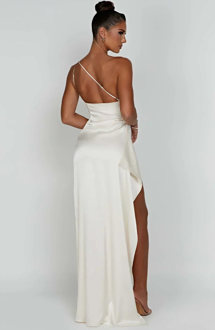 White one-shoulder formal maxi dress, a sophisticated evening dress for women with an asymmetric neckline.