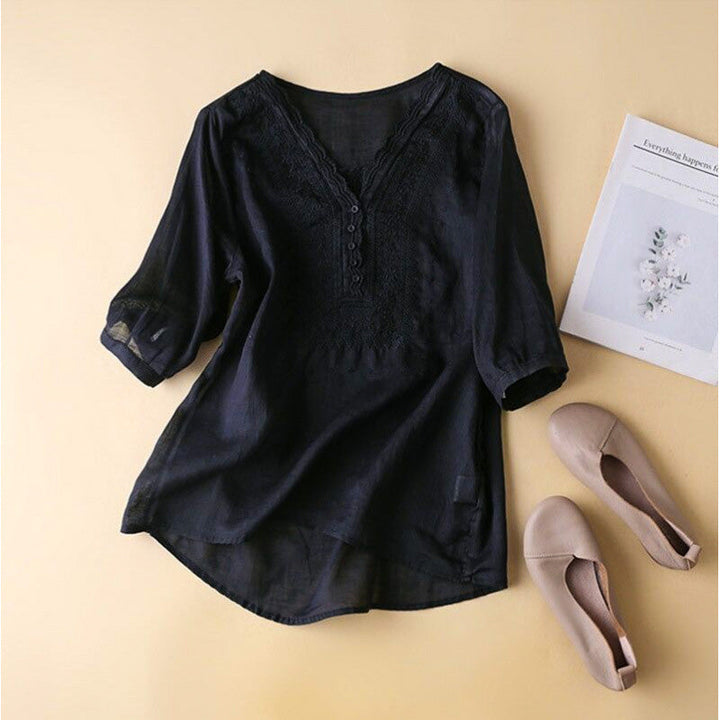 Women's elegant V-neck blouse, richly embroidered. Relaxed fit, perfect comfortable top for spring and summer.