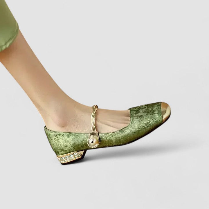 Women's high block heels featuring multiple pearl straps, a trendy summer shoe