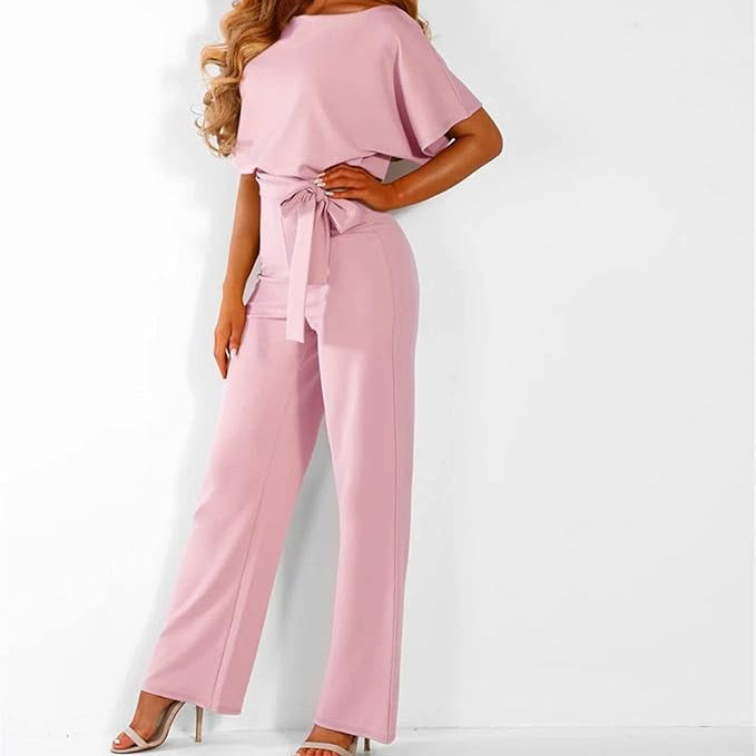 Soft & comfortable women's elegant wide leg belted jumpsuit. A versatile one-piece for chic spring/summer casual fashion.